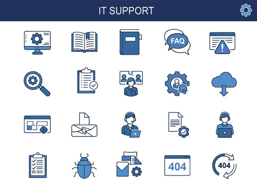 IT support icons set, flat vector illustration, troubleshooting tools, customer service, error handling, software bugs, help desk, tech guide