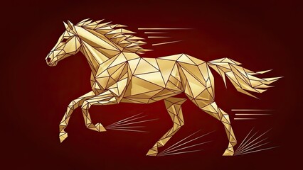 Fototapeta premium A golden polygonal horse gallops with dynamic speed, an elegant abstract representation of power and motion on a red background