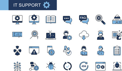 IT support icons set, flat vector illustration of technical assistance, diagnostics, troubleshooting, customer service, and system maintenanceIT support icons set