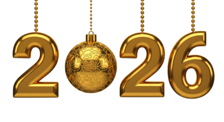 Golden 2026 numbers with festive ornament against black background