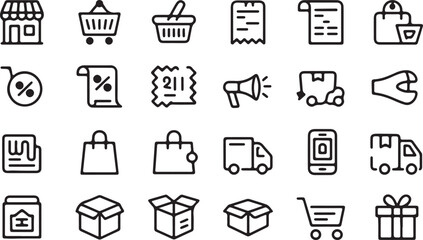 Clean business icon set collection for e-commerce and online shopping. Includes retail, delivery, and payment symbols for web design