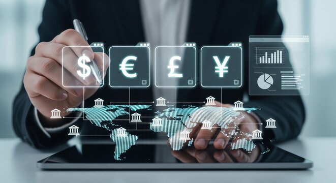 Businessman Pointing at Holographic Currency Symbols and Global Bank Map — Finance