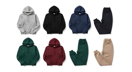 Variety of hoodies and sweatpants displayed on white background