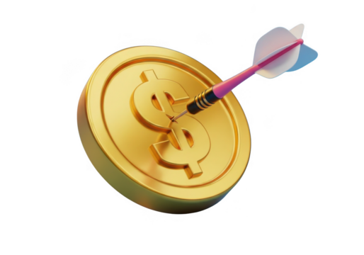 Golden dollar coin with dart hitting bullseye isolated on transparent background for finance and business success