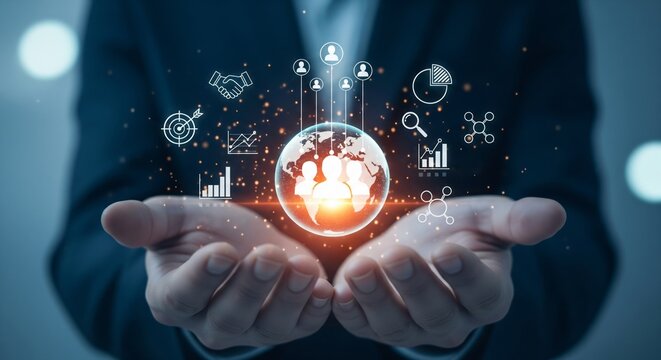 Global Team Concept — Holographic User Group over Globe in Business Hands - Powered by Adobe