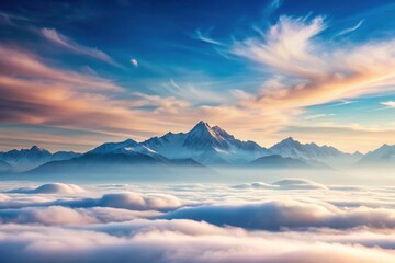 Fototapeta premium Serene Sunrise Over Snowy Mountain Range, Enveloped in a Sea of Clouds