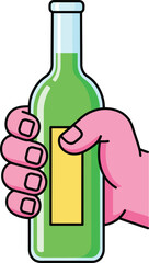 A cartoonstyle pink hand firmly gripping a green glass bottle with a blank yellow label.
