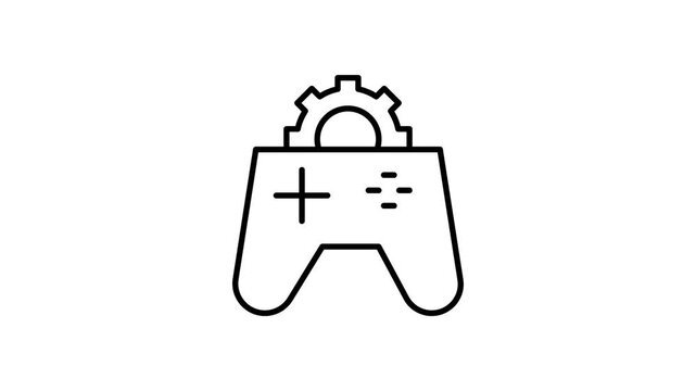 Black and white line drawing of a game controller, featuring distinct buttons and joystick details.