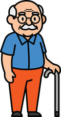 A cheerful elderly man cartoon character with glasses a white mustache and a walking cane.