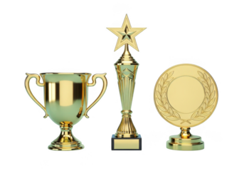 Golden trophy and award collection isolated on transparent background for sports and achievement recognition
