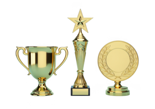 Golden trophy and award collection isolated on transparent background for sports and achievement recognition
