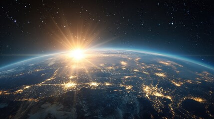 Sunrise Over Planet Earth Displaying City Lights Against a Black Starry Sky