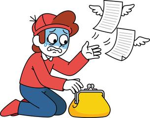 A panicked cartoon boy in a red cap kneels with an empty yellow purse as winged bills fly away.