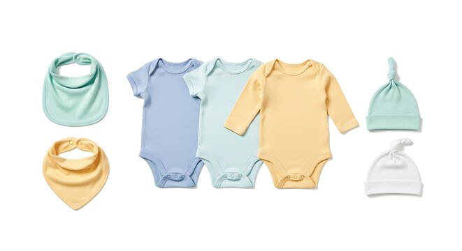 Baby clothes bodysuits bibs and hats isolated on white