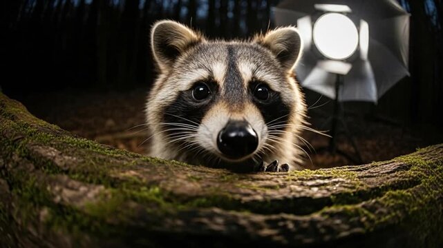 Curious raccoon peering over a mossy log under the forest illumination, a captivating scene