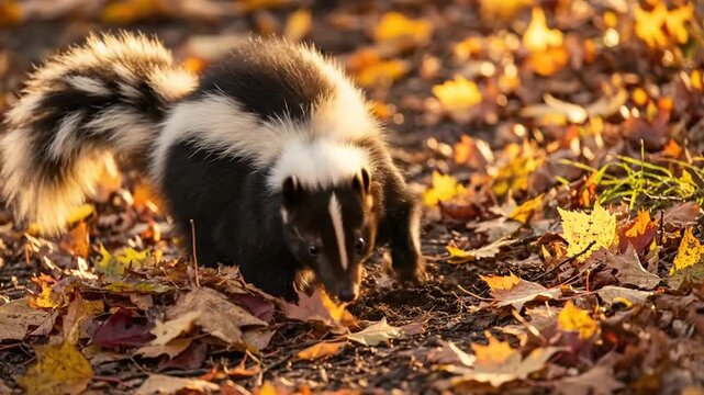 Playful skunk foraging through fallen leaves in a sun-dappled autumn forest