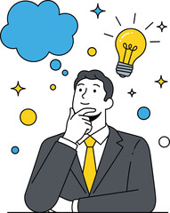 A thoughtful cartoon businessman in a suit with a bright yellow lightbulb idea and a blue thought bubble.