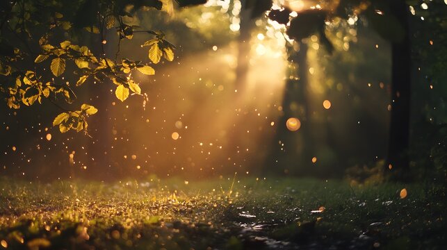 Golden sunlight beams through the trees in a lush forest, illuminating the dewy grass and creating a magical atmosphere.