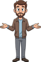 Cartoon man with a beard and brown jacket shrugging his shoulders in confusion.