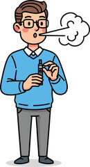 Cartoon man with glasses and a blue sweater exhaling a cloud of vapor from a black vape pen.