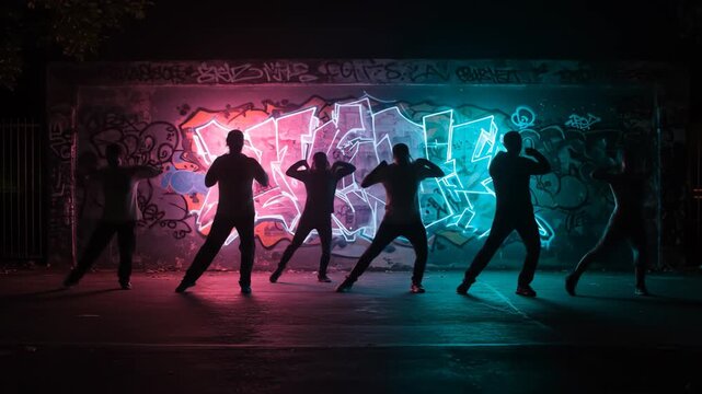 Group of dancers performing in front of graffiti wall with neon lights.