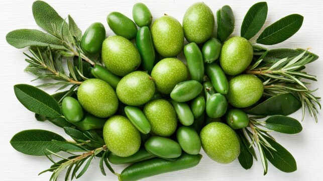 Close Up Shot of Fresh Green Olives and Herbs on a White Wooden Surface - Powered by Adobe