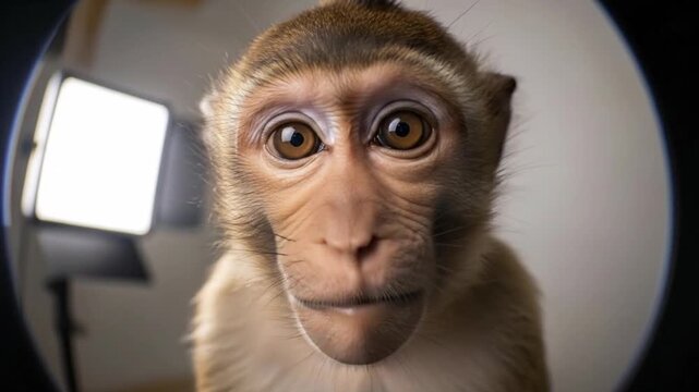 Intriguing close-up of a young macaque monkey filmed using a fisheye lens with unique perspective