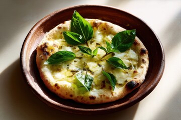 Close Up Shot of Freshly Baked Pizza on a Brown Plate Garnished with Green Basil Leaves Under Bright Sunlight