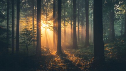 Fototapeta premium Golden sunlight streams through the tall trees of a misty forest, creating a magical and serene atmosphere.