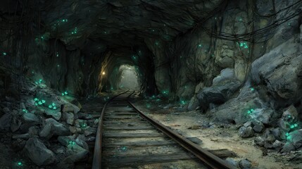 Dark Underground Tunnel with Railroad Tracks and Glowing Emerald Colored Minerals