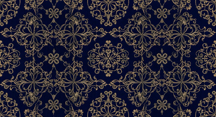Seamless Gold Ornamental Damask Pattern on Dark Blue. Luxury Baroque Style Wallpaper Background.