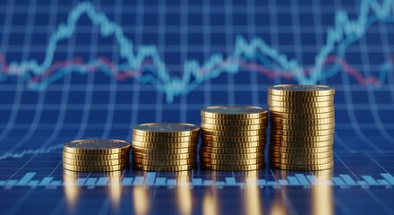 Stacked Gold Coins with Blue Area Chart Background — Financial Decline Concept