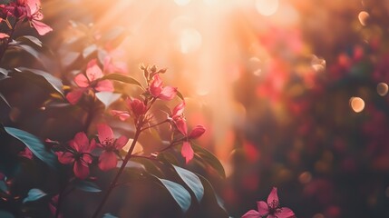 Pink flowers blooming in the golden light of the setting sun.