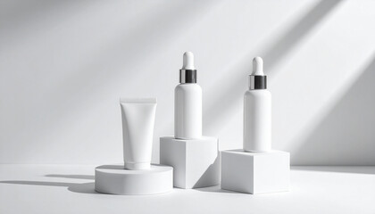 Trendy background with natural cosmetic skincare bottles product presentation beauty and body care product concept beauty oil and face cream in white frosted glass bottles
2