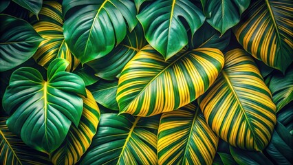 Obraz premium Lush Tropical Foliage A Vibrant Display of Green and Gold Leaf Textures