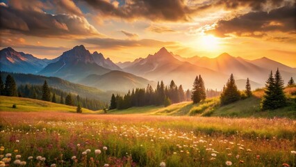 Obraz premium Golden Hour Serenity Majestic Mountain Range, Wildflower Meadow, Sunbeams, and Evergreen Trees at Sunset