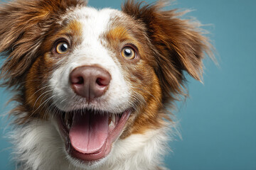 Happy dog with open mouth and bright expression isolated on blue background, close up portrait of joyful pet with brown and white fur showing teeth and tongue