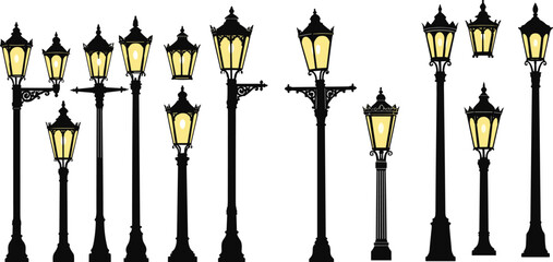 Vintage street lamp silhouettes with glowing lanterns in elegant classic designs, decorative outdoor lighting set for architecture, urban design and retro city elements