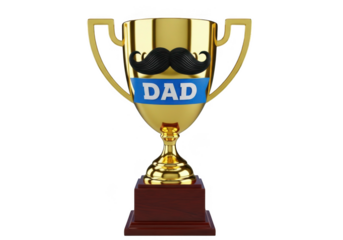 Golden trophy with mustache and dad ribbon isolated on transparent background for fathers day celebrations greeting cards and appreciation gifts
