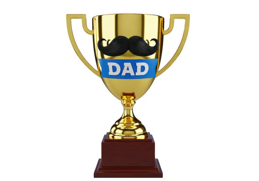 Golden trophy with mustache and dad ribbon isolated on transparent background for fathers day celebrations greeting cards and appreciation gifts