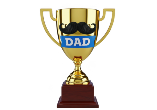 Golden trophy with mustache and dad ribbon isolated on transparent background for fathers day celebrations greeting cards and appreciation gifts