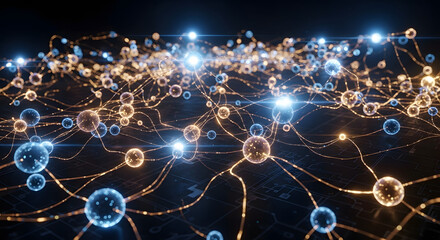 Digital network connections linking glowing nodes in futuristic technology environment with dark background and dynamic viewpoint