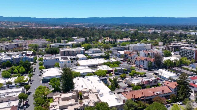 Historic commercial buildings aerial view on Hamilton Avenue including City hall in historic city center of Palo Alto, California CA, USA. 