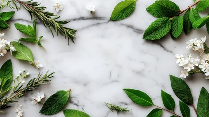 Floral Arrangement with Green Leaves and White Flowers on a Marble Surface
