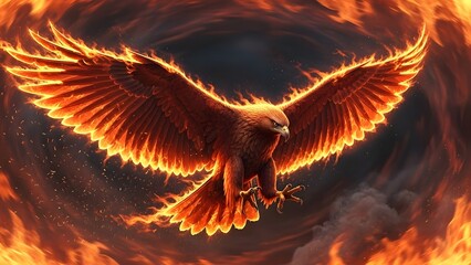 A majestic fiery eagle with outstretched wings soaring through a swirling vortex of flames and smoke.