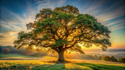 Fototapeta premium Majestic ancient tree silhouetted against a breathtaking sunrise, bathed in golden light, standing in a tranquil meadow with rolling hills in the distance.