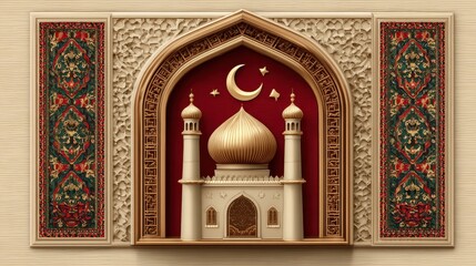 Golden Mosque Illustration With Crescent Moon And Stars Amidst Detailed Decorative Architecture
