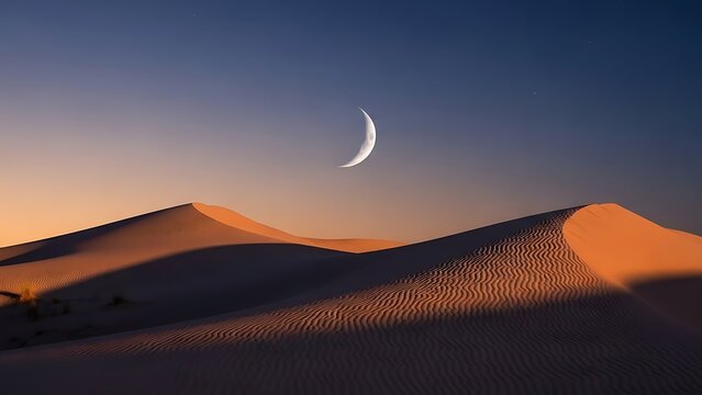 Crescent Moon Over Desert Dunes at Sunset
