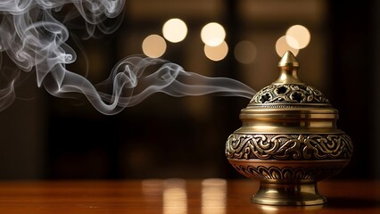 Ornate Brass Incense Burner with Wisps of Smoke