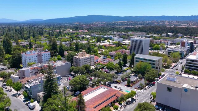 Historic residential houses aerial view in historic city center of Palo Alto, California CA, USA. 